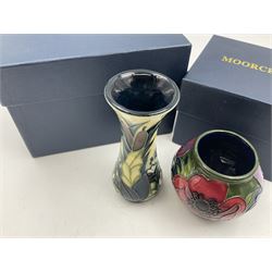 Two small Moorcroft vases, one decorated in the Lamia pattern by Rachel Bison, circa 1995, H13cm and the other in the Anemone Tribute pattern by Emma Bossons, circa 2002, H7.5cm, both with original boxes (2)