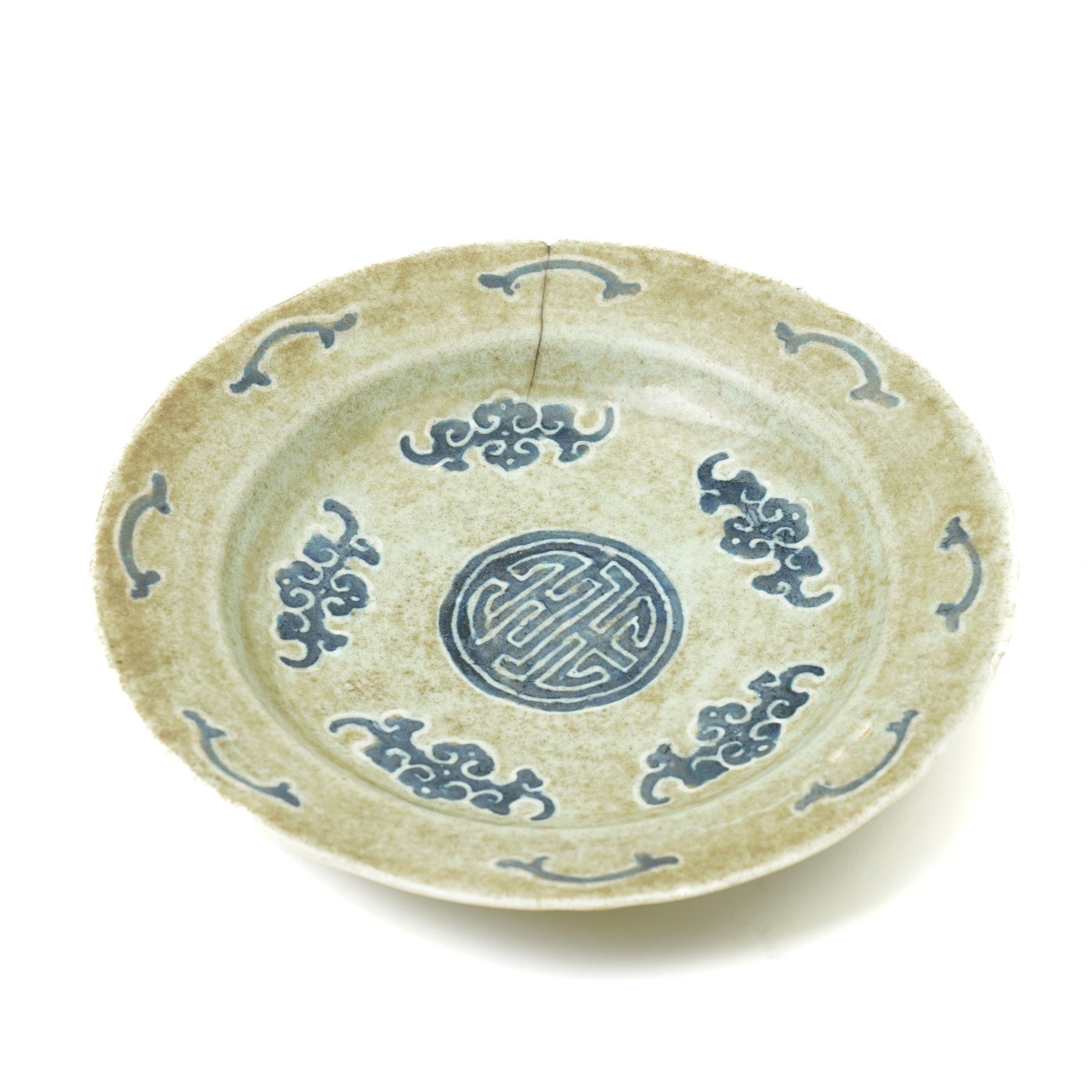 Chinese celadon dish, painted with bats in underglaze blue and with central Shou character to bowl, bearing apocryphal four character Chenghua mark to base, D26cm