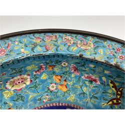 18th/19th century Chinese Canton enamel basin, the circular basin with flat everted rim, decorated with scrolling foliate and fruit decoration on a blue ground, D43cm