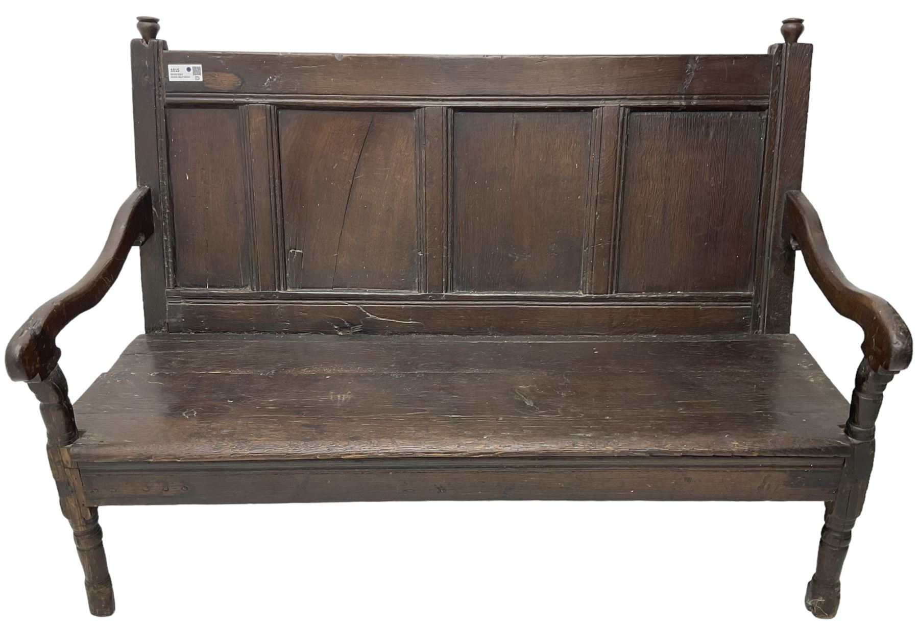 18th century oak hall bench or settle, quadruple panelled back with moulded rails, over a solid seat, raised on front turned supports
