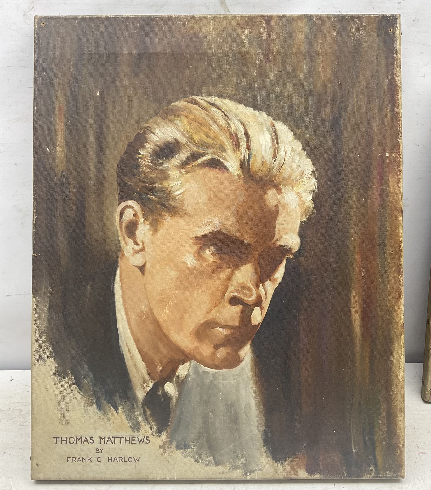 Frank C Harlow (British 20th century): Portrait of Thomas Matthews, oil on canvas signed together with another similar unsigned oil max 51cm x 41cm (2)