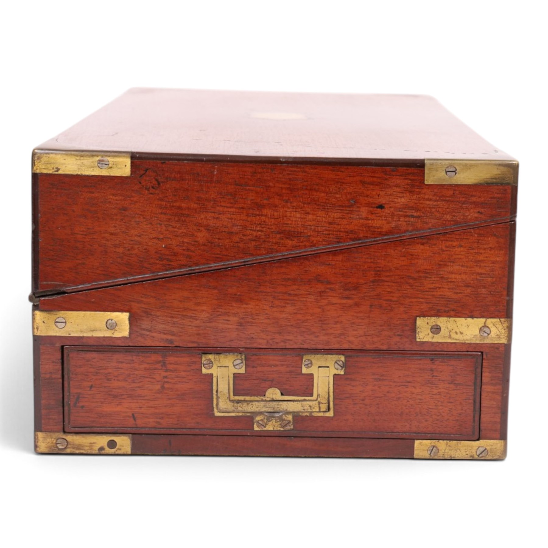 Mid 19th century brass bound mahogany writing box, with flush handles and side draw, the hinged lid opening to reveal a green felt writing slope, H16cm, L46cm 