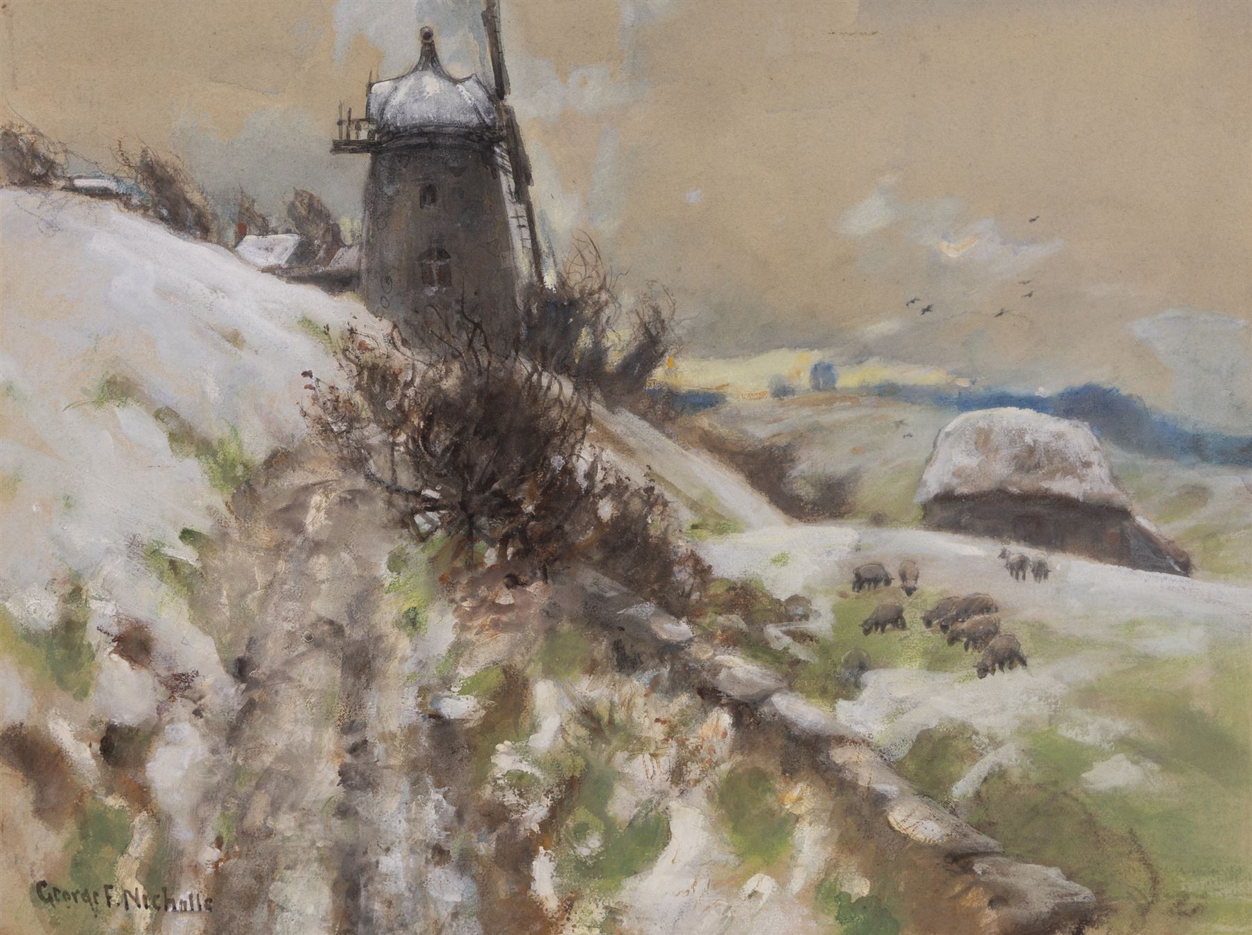 George Frederick Nicholls (British 1885-1937): Mill in Snow, watercolour heightened with white signed 37cm x 49cm 