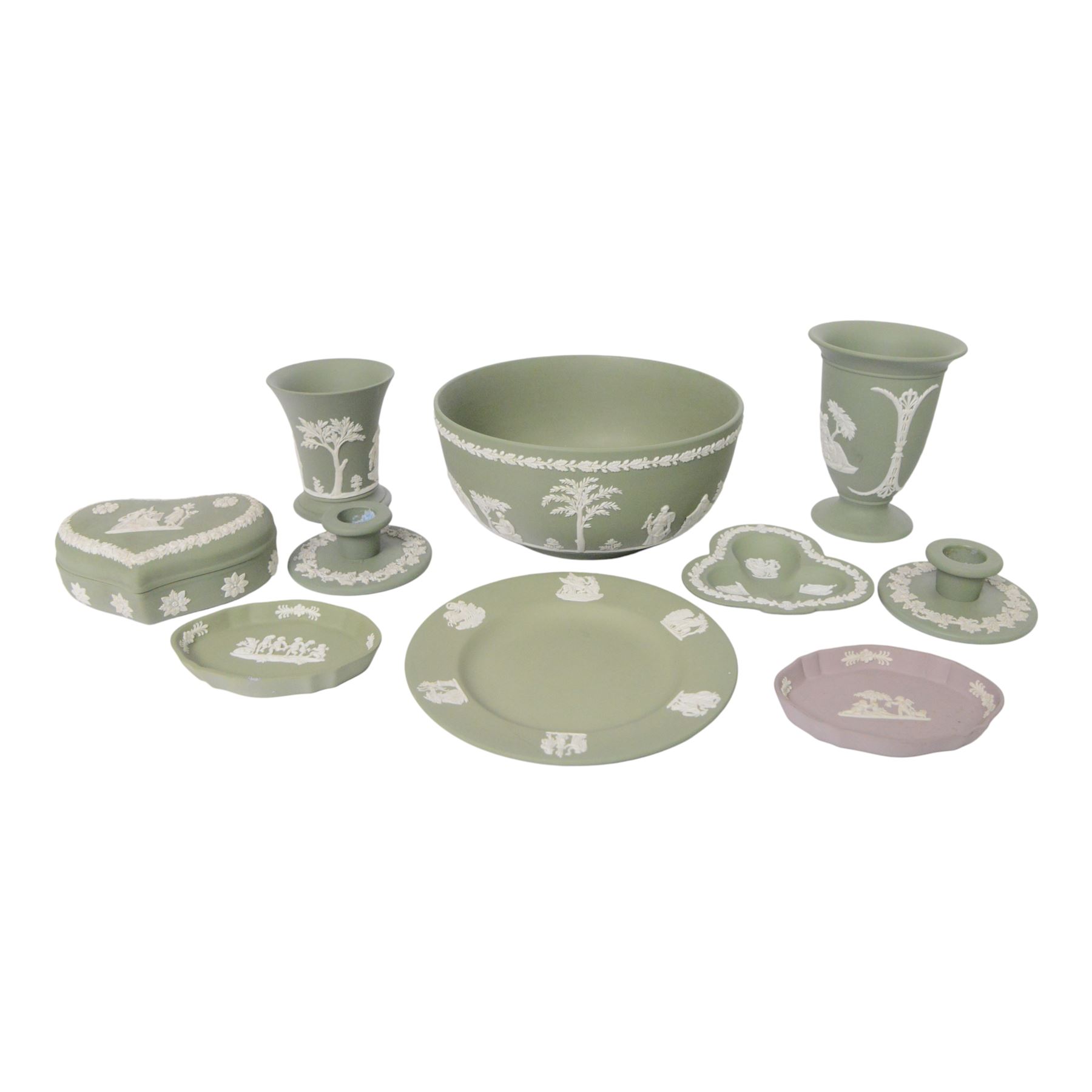Wedgwood sage green jasperware to include Bowl, vases, covered trinket dish, plate etc
