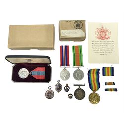 WWI pair of medals comprising British War Medal and Victory Medal awarded to 380807 Pte. W. Hayles Hamps. R.; Imperial Service Medal awarded to William Hayles; cased and boxed; WWII 1939-1945 War Medal and Defence Medal in issue box with slip; 1930s hallmarked silver football presentation fob etc