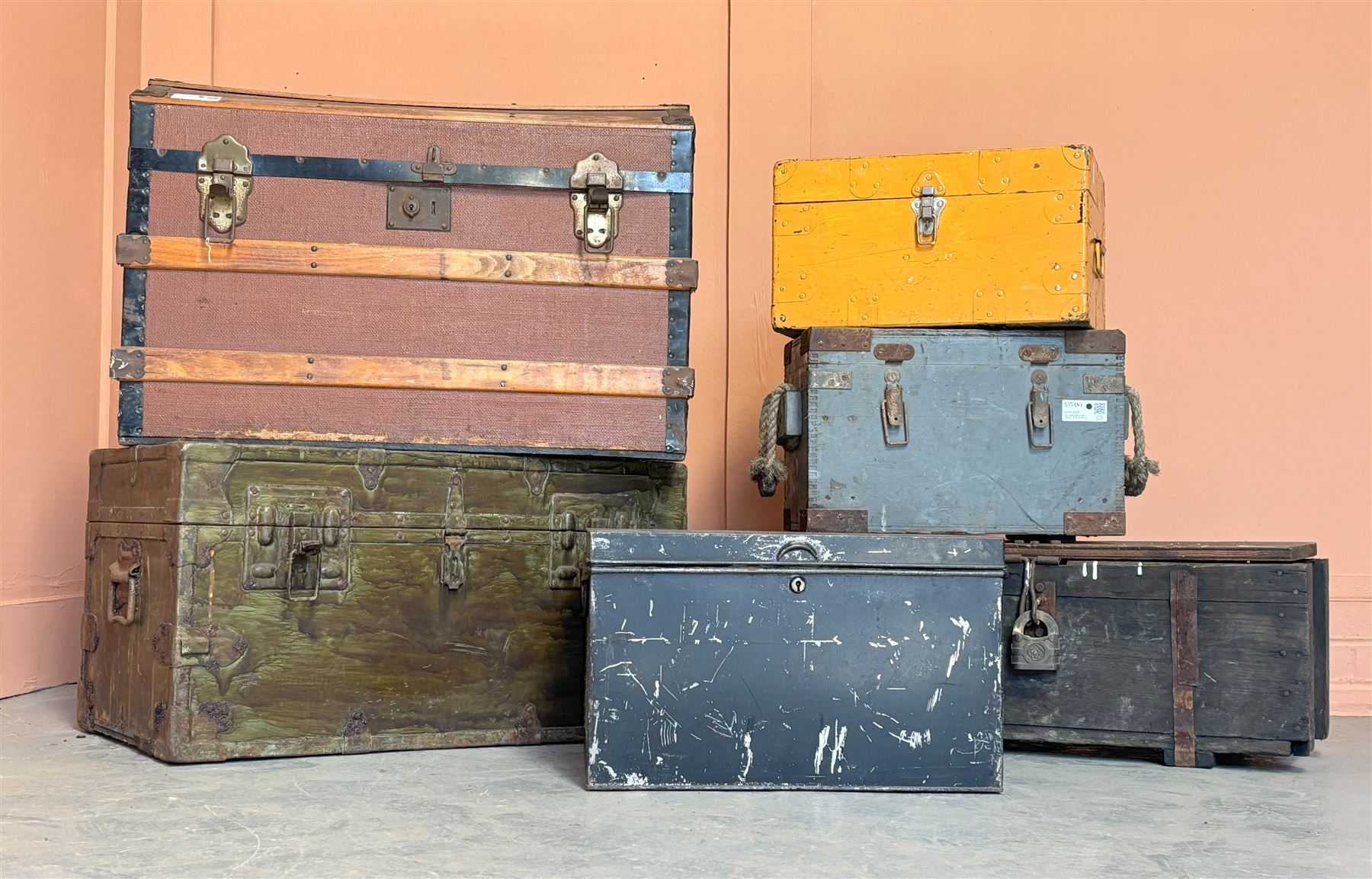 Early 20th century metal bound dome top steamer trunk, with carry handle to each end (L77cm) together with a group of travelling trunks, deed box etc. (6) - COLLECTION BY APPOINTMENT FROM: The White House, Thirsk Road, Easingwold, York, YO61 3NF - CALL 01723 507111 TO ARRANGE
