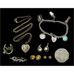  Edwardian gilt pearl heart pendant, the reverse named and dated 1904, on later 9ct gold chain, three pairs of 9ct gold earrings including pearl, silver charm bracelet, Edwardian silver paste stone set swallow brooch, Chester 1902, silver horseshoe and shamrock brooch and a silver Celtic design brooch