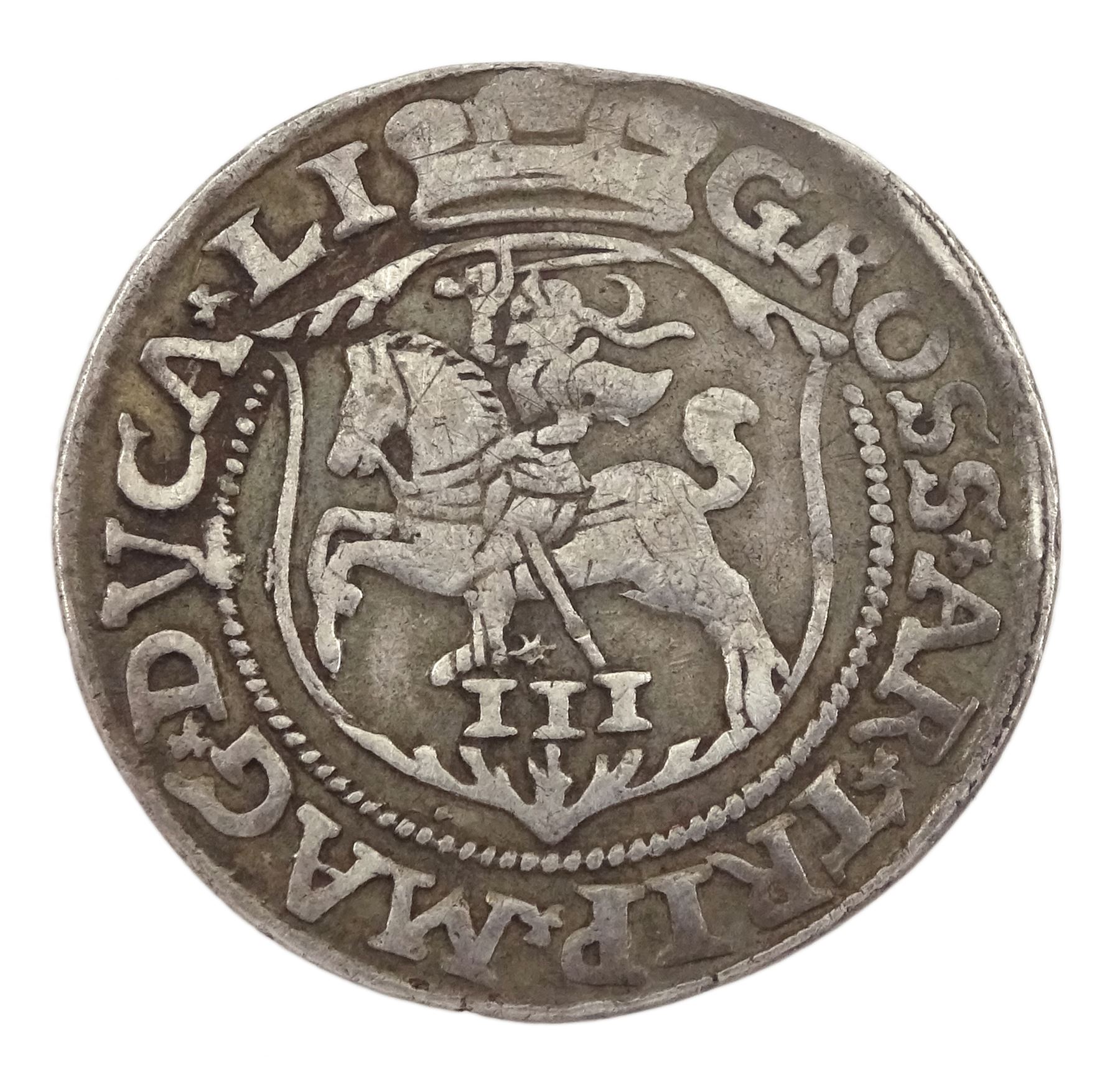 Lithuania 1563 three groszy silver coin, approximately 2.9 grams