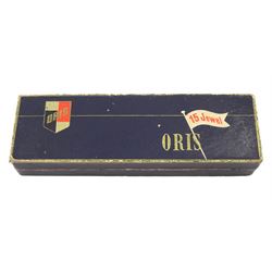 Oris gentleman's gold-plated and stainless steel manual wind wristwatch, silvered dial with subsidiary seconds dial, on black leather strap, boxed