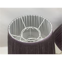 Pair of modern chromed lamps, with pleated purple fabric shades, H67cm