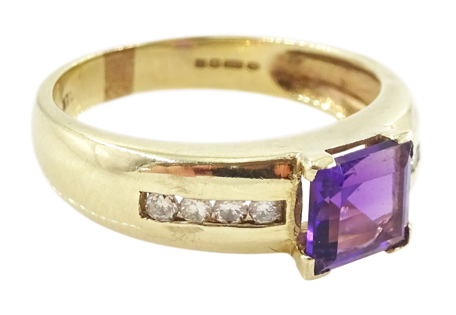 9ct gold princess cut amethyst ring, with diamond set shoulders, hallmarked