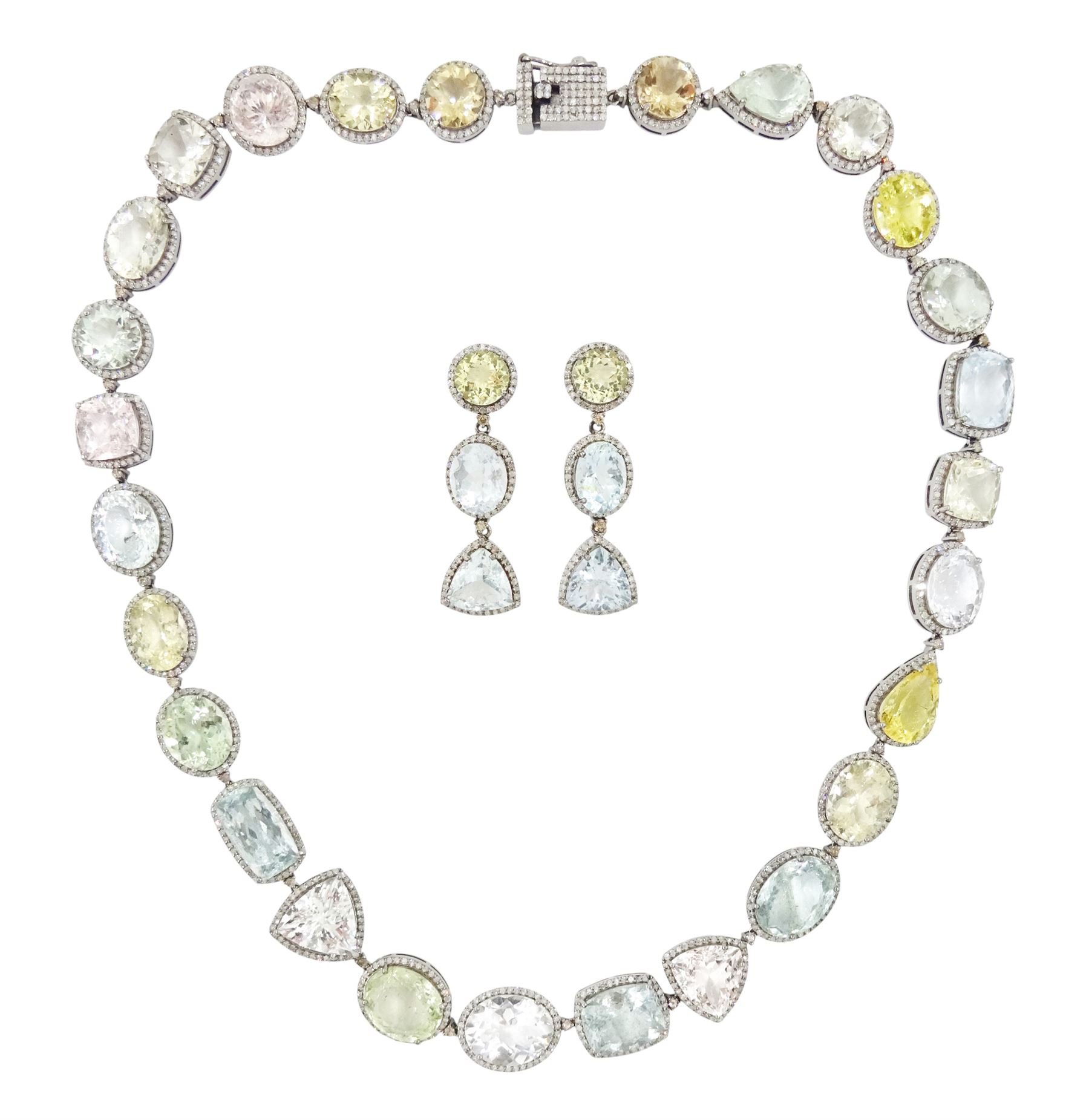 Multi gemstone set necklace, including aquamarine, morganite, heliodor and beryls, each with round brilliant cut diamond surround, with pair of similar pendant stud earrings, total gemstone weight approx 119.65 carat,  diamond weight approx 6.30 carat