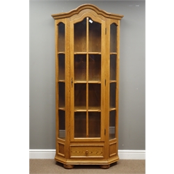  Tall medium oak display cabinet enclosed by glazed door with drawer, W85cm, H190cm, D38cm  