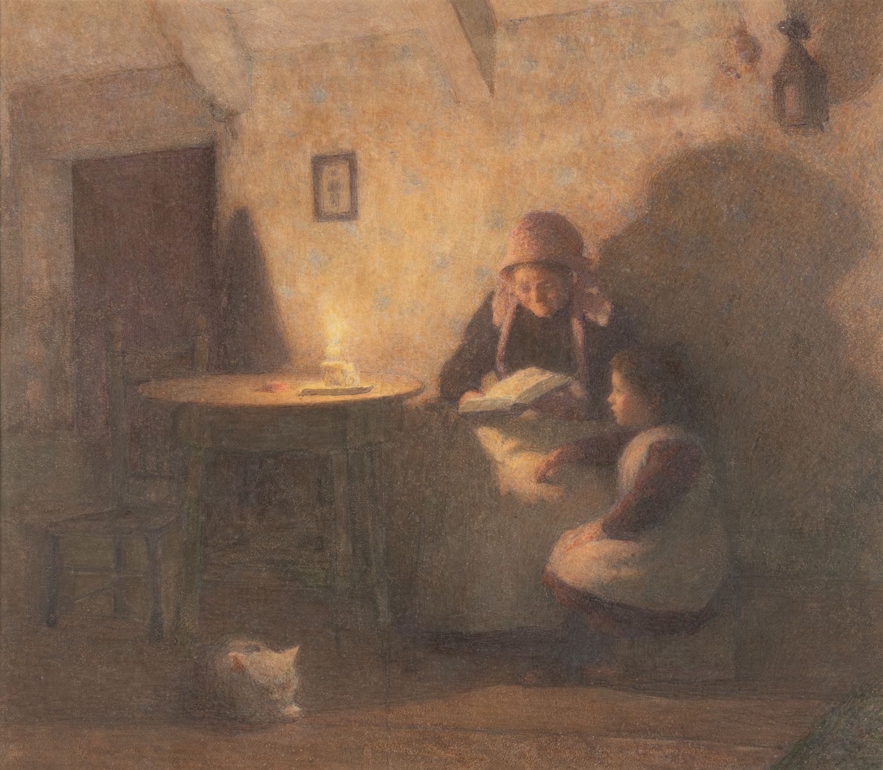 Dame Laura Knight (Staithes Group 1877-1970): Staithes Cottage Interior, Grandmother and Child Reading by Candlelight with a Cat Asleep, watercolour unsigned, attributed on label verso 40cm x 46cm 
Provenance: sold Tennants 23rd July 2004 Lot 719a