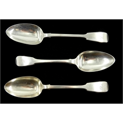 George III silver spoon Fiddle pattern by William Eley, William Fearn & William Chawner, London 1809 and two similar Victorian table spoons by Charles Boyton I, London 1846, approx 7.2oz (3)