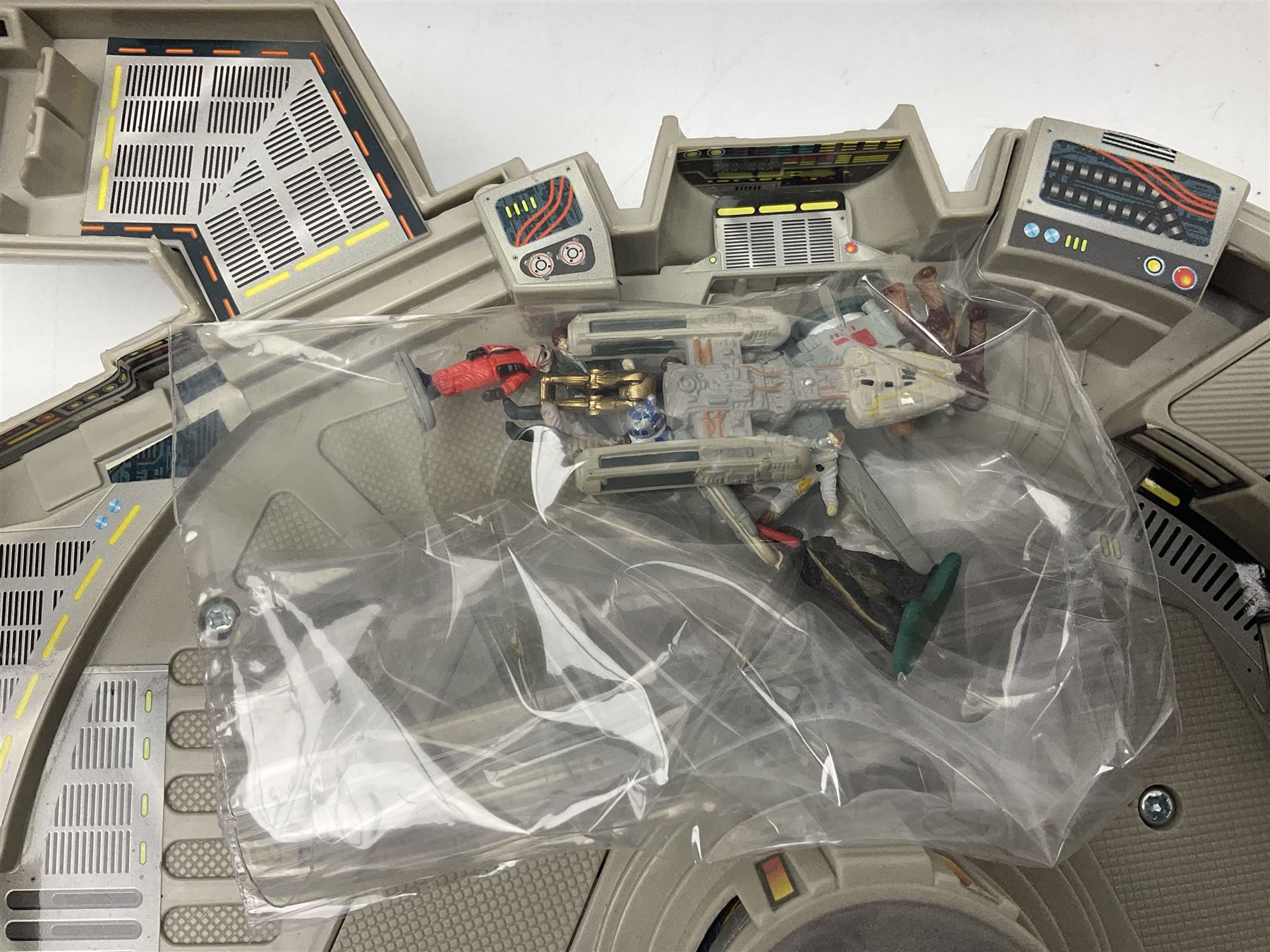 Star Wars - four space/land vehicles comprising Millenium Falcon with hinged top and figures; TIE Fighter; X-Wing Fighter with pilot; and AT-ST 'Chicken Walker' transporter; all unboxed (4)