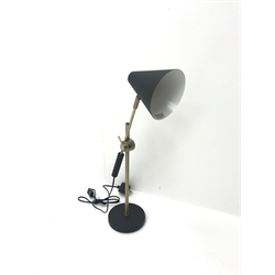  Brass and black finish adjustable desk lamp with cone shaped shade,  on circular base, H72cm max  