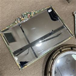 Convex circular gilt wall mirror, rectangular mirror with applied floral decoration and another wall mirror