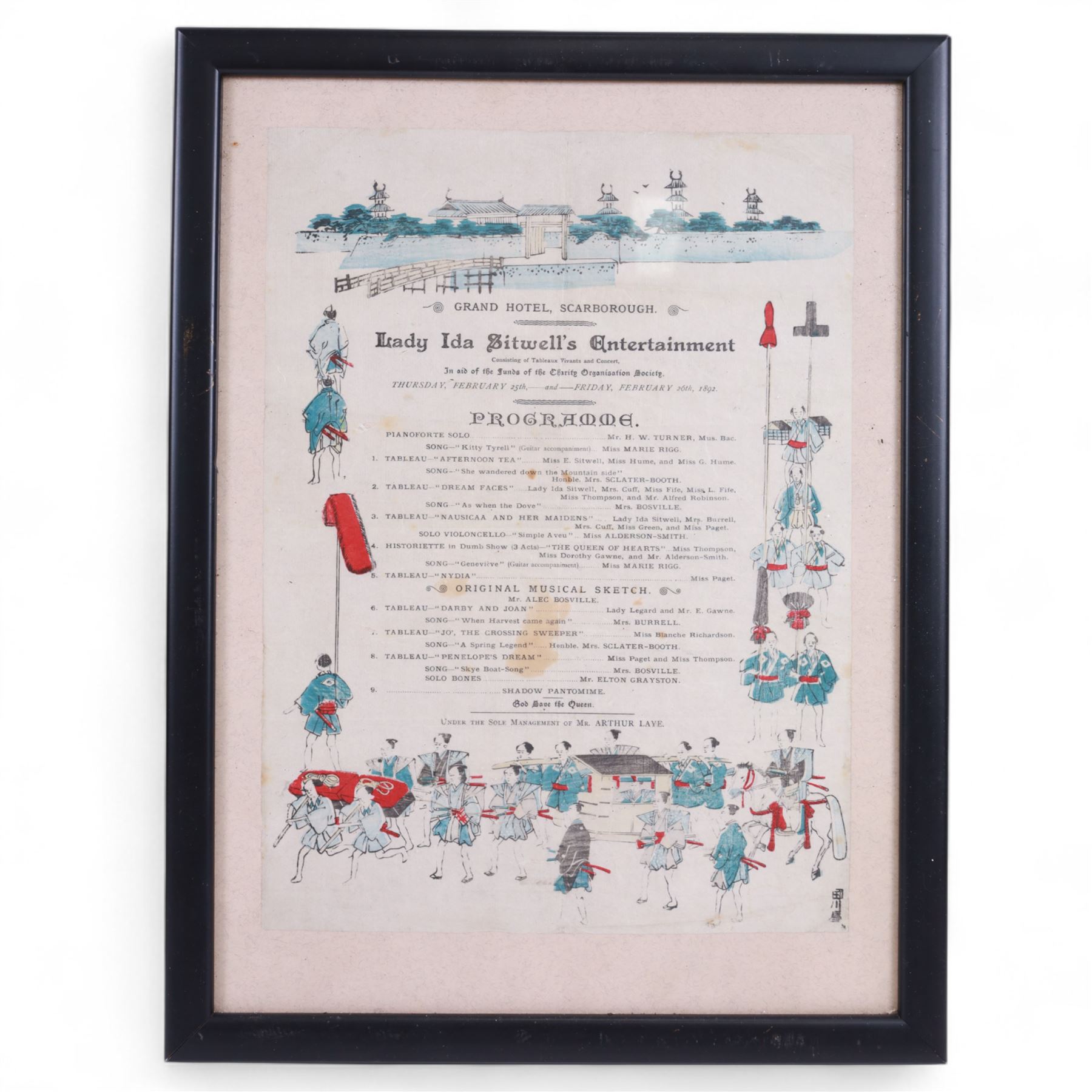 Late 19th century programme for Lady Ida Sitwell's Entertainment charity concert at the Grand Hotel Scarborough with coloured figural decoration, in black frame, H41cm