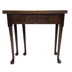 18th century elm side table, rectangular fold-over over single drawer, single gate-leg action base, on cabriole supports