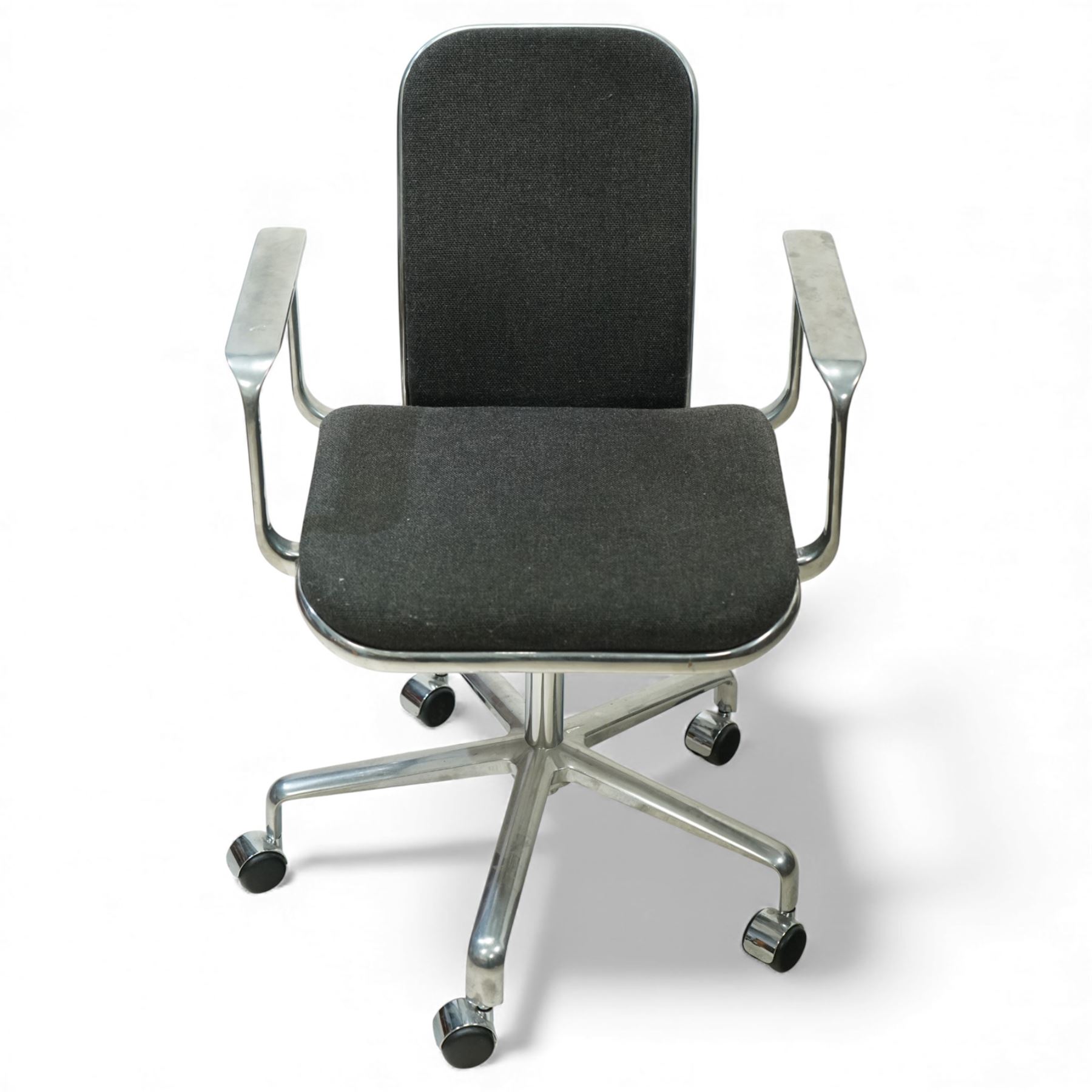 Frederick Scott (1942 - 2001) for Hille International - ‘Supporto’ desk chair, polished aluminium frame with tubular arm supports, upholstered seat and back, on five-star swivel base with castors