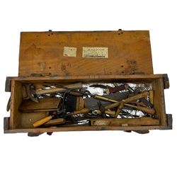Collection of vintage tools in wooden ammunition box - hammers, Marples chisel, various other chisels, moulding plane, hand drill etc.