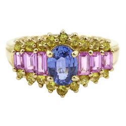 9ct gold blue, pink and yellow sapphire cluster ring, hallmarked 