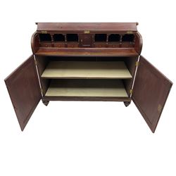 19th century mahogany piano top secretaire bookcase, two astragal doors above curved hinged retractable writing compartment, above two cupboards