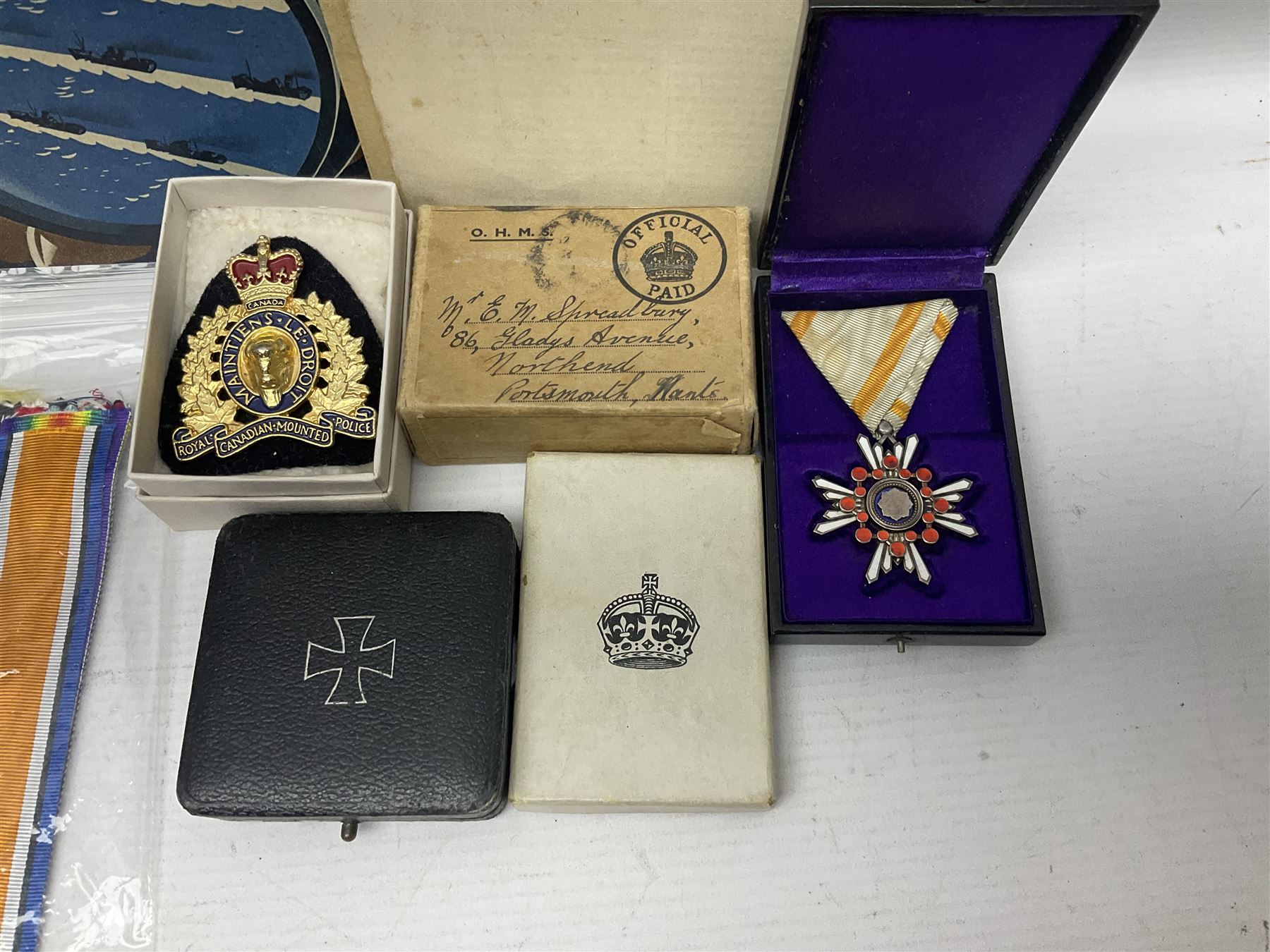 Japanese Order of the Sacred Treasure Medal (Zaihosho) in lacquered box; Norwegian Grunnlovsdag 1945 Medal with National Flag ribbon; three school attendance medals; four Royalty commemorative medals including both Victoria jubilees; quantity of medal ribbons and medal bars; medal issue boxes; badges; booklets etc