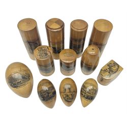 Collection of Mauchline ware relating to sewing, to include four ovoid shaped thimble cases, hinged lid thimble case and needle cases (12) 