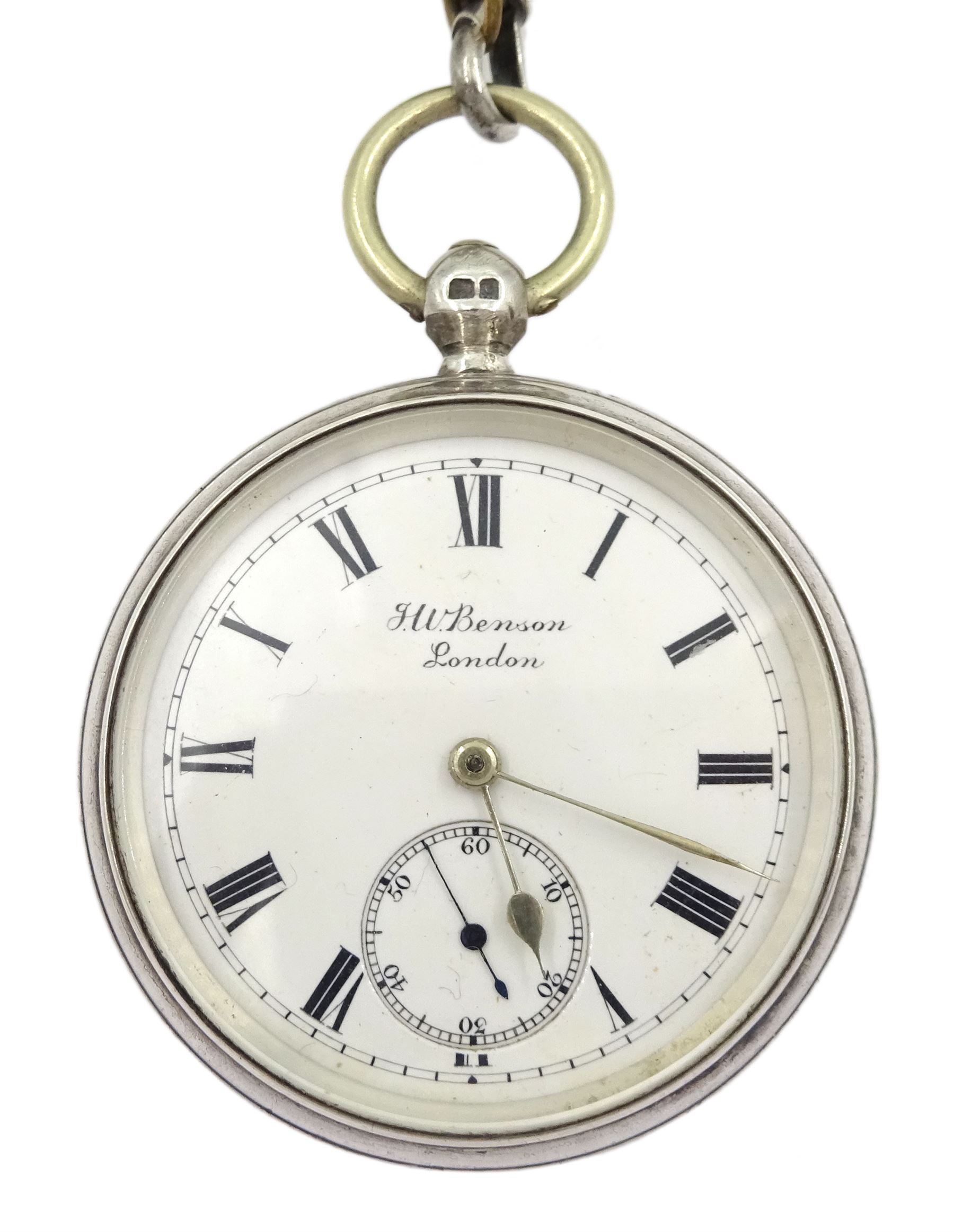 Edwardian silver open face key wound lever 'Ludgate' pocket watch by J.W.Benson, London, No. 109402, white enamel dial with Roman numerals and subsidereary seconds dial, London 1906, on Victorian graduating silver Albert chain, each link hallmarked