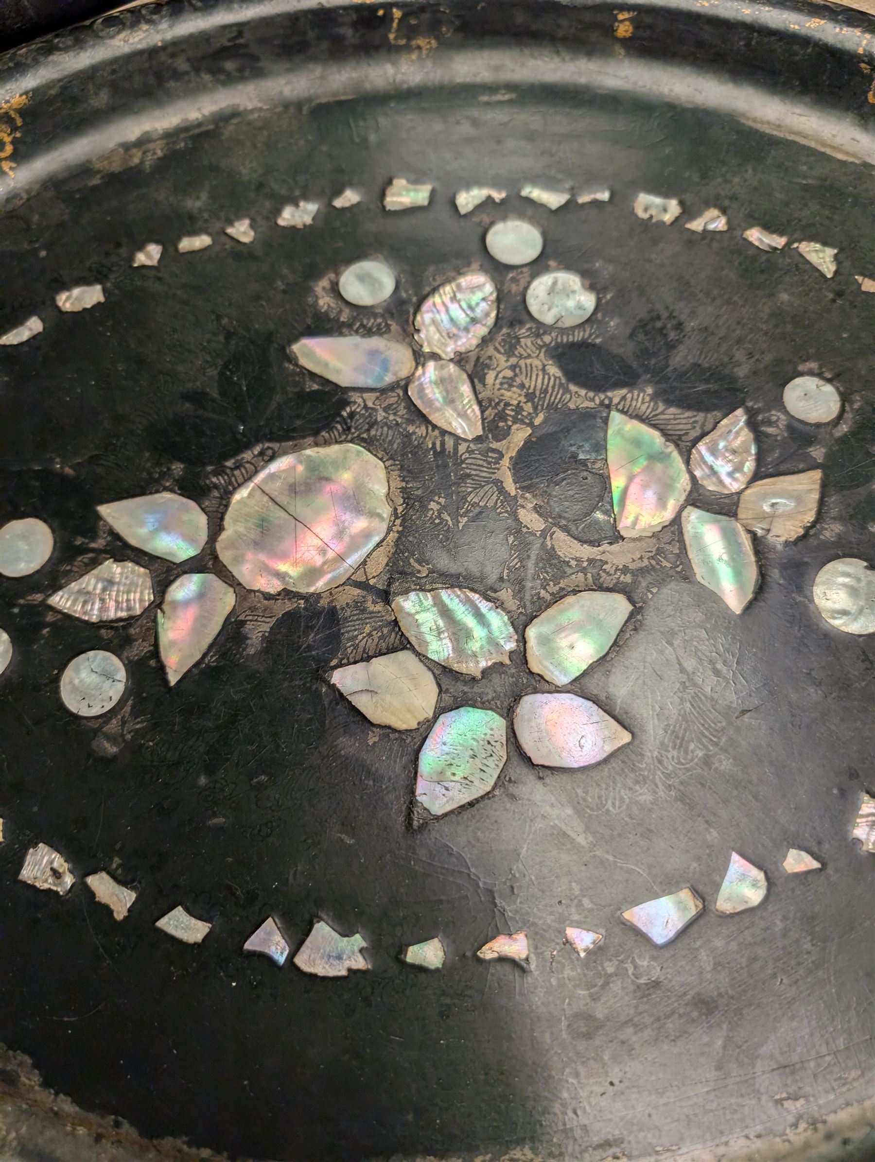 Two copper bed warming pans, silver plated teapot, mother of pearl inlaid tray and other metal ware