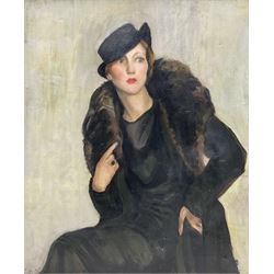 SEM (British early 20th century): Art Deco Portrait of a Lady, oil on canvas signed and dated 1934, 60cm x 50cm