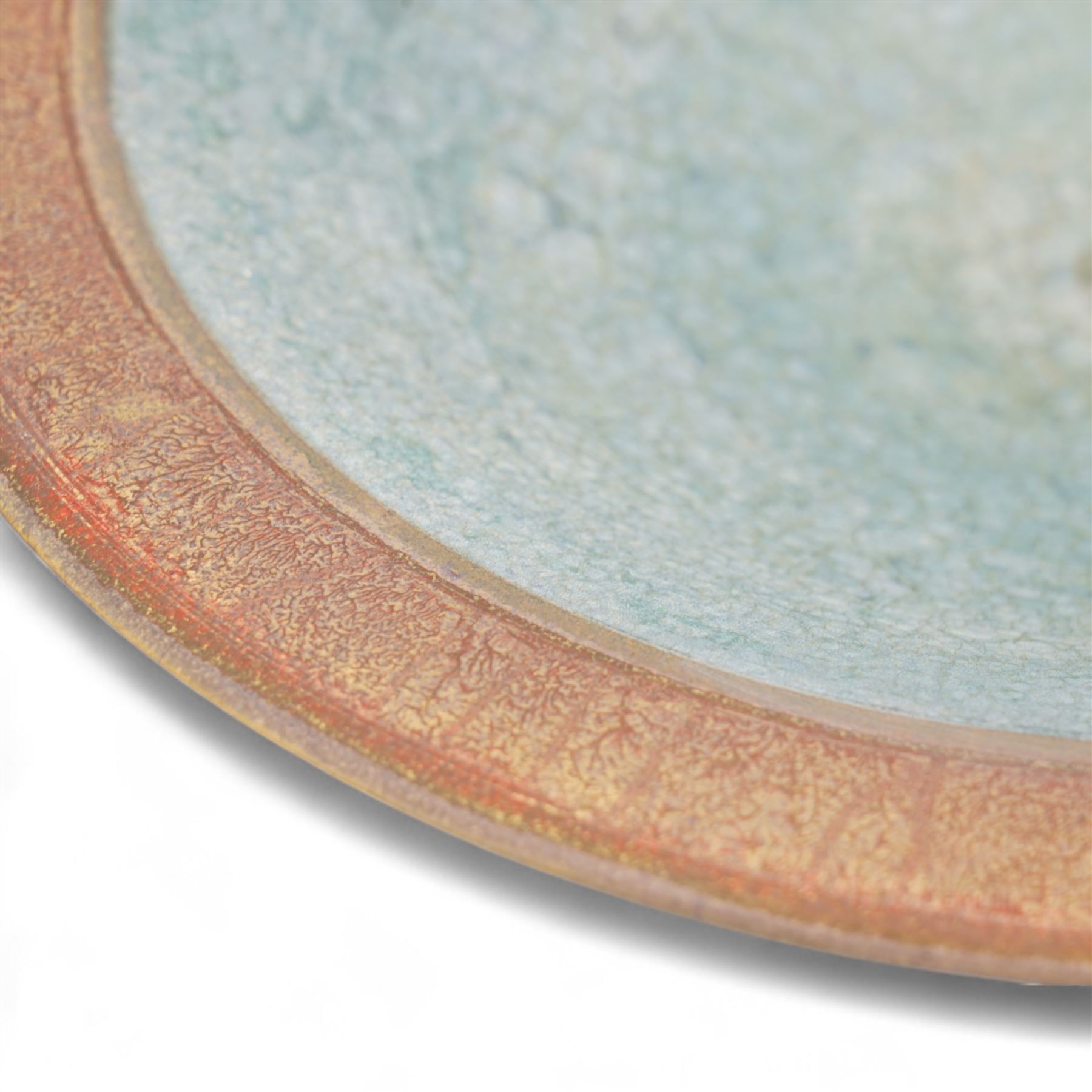 Tony Laverick (1961-); Charger painted with crossing horizontal and vertical lines of marbled blue and orange, the base signed with initials and dated '98, D42.5cm and a smaller bowl, signed with initials and dated '99, D26cm (2)