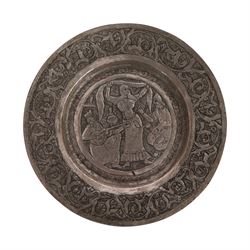Set of four Persian silvered copper plates, decorated in relief, the central panel depicting figures in various scenes with a floral boarder, D17cm