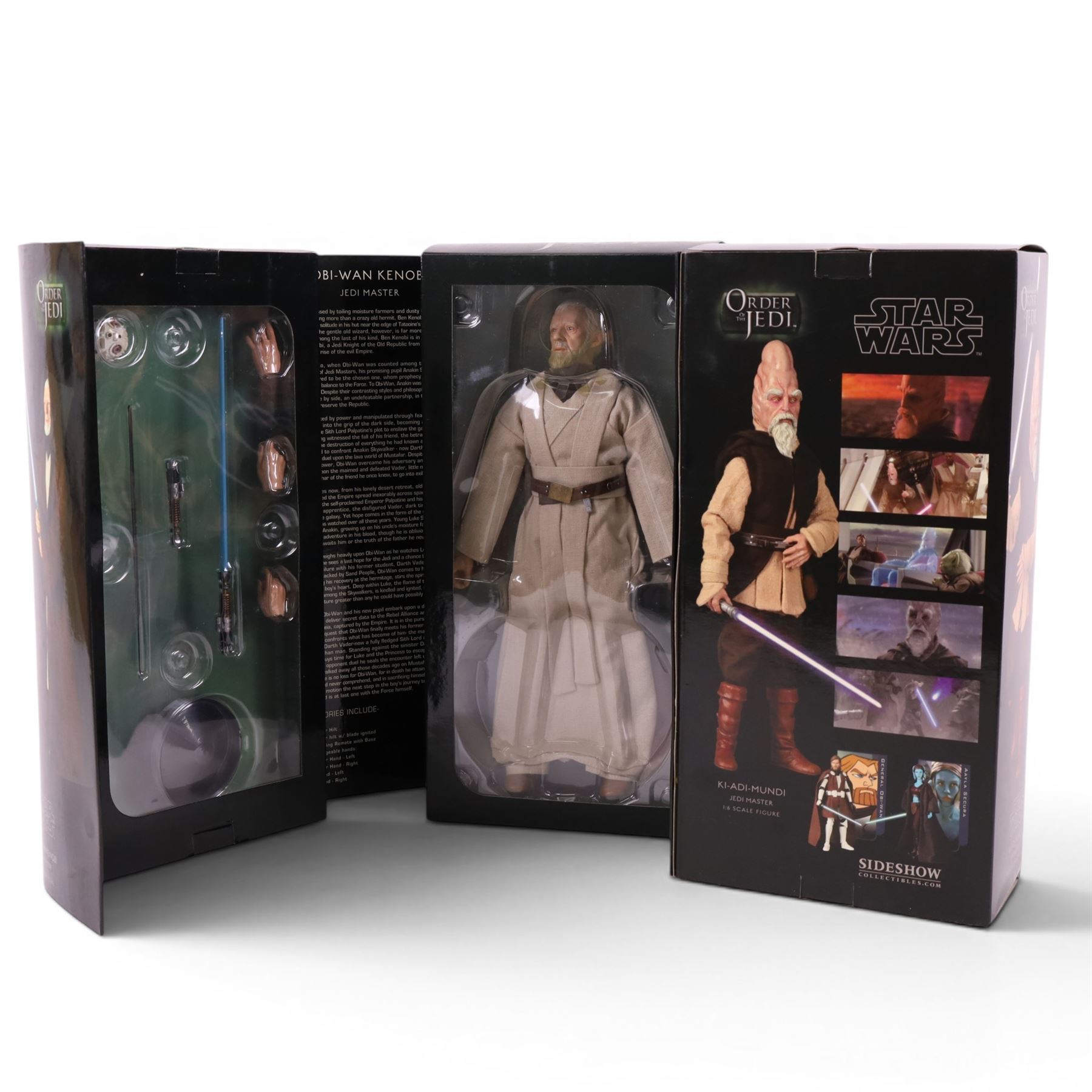 Two Sideshow Collectibles Order of the Jedi 1:6 scale figures, Obi-Wan Kenobi and Ki-Adi-Mundi, both boxed
