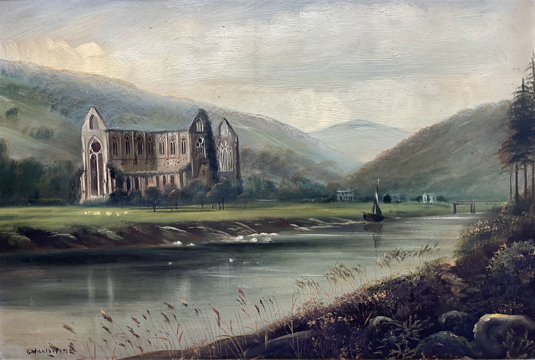 George Willis Pryce (British 1866-1949): Abbey Ruins and River Landscape, set three oils on board signed max 27cm x 40cm (3)