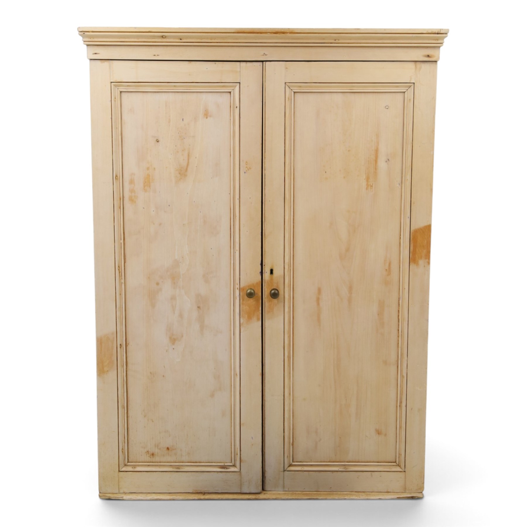 19th century stripped pine linen cupboard, projecting cornice over two panelled doors enclosing five assorted shelves