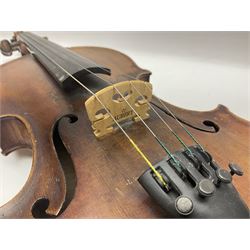 German trade violin in the Steiner style c1900 with 35.5cm two-piece maple back and ribs and spruce top L59cm overall; in fitted carrying case with two bows; and a Saxony violin with 35.5cm one-piece maple back and ribs and spruce top L58.5cm overall (2)