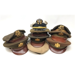  Collection of USA  Army peaked caps by Terry & Juden, Stetson, Mather Field, Bancroft, and a similar Naval style cap, (8)  
