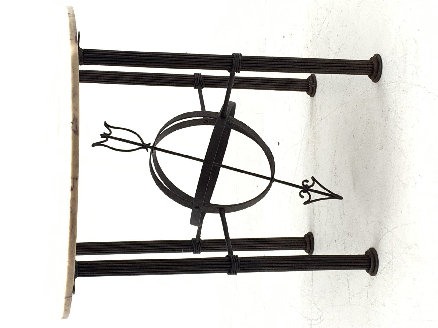Architectural table, circular marble top on wrought metal base, cluster column supports connected by armillary sundial, D80cm, H78cm