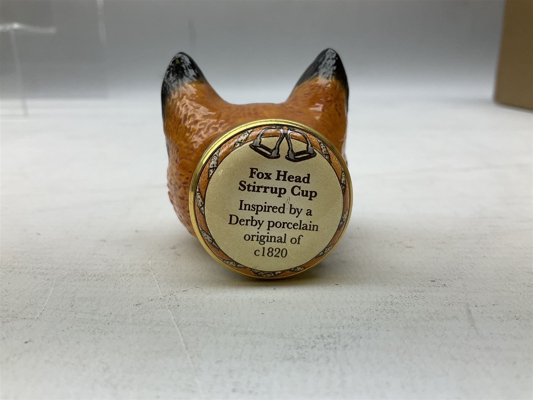 Halcyon Days enamel box, fox head stirrup cup, inspired by a Derby porcelain original of c1820, in fitted box 
