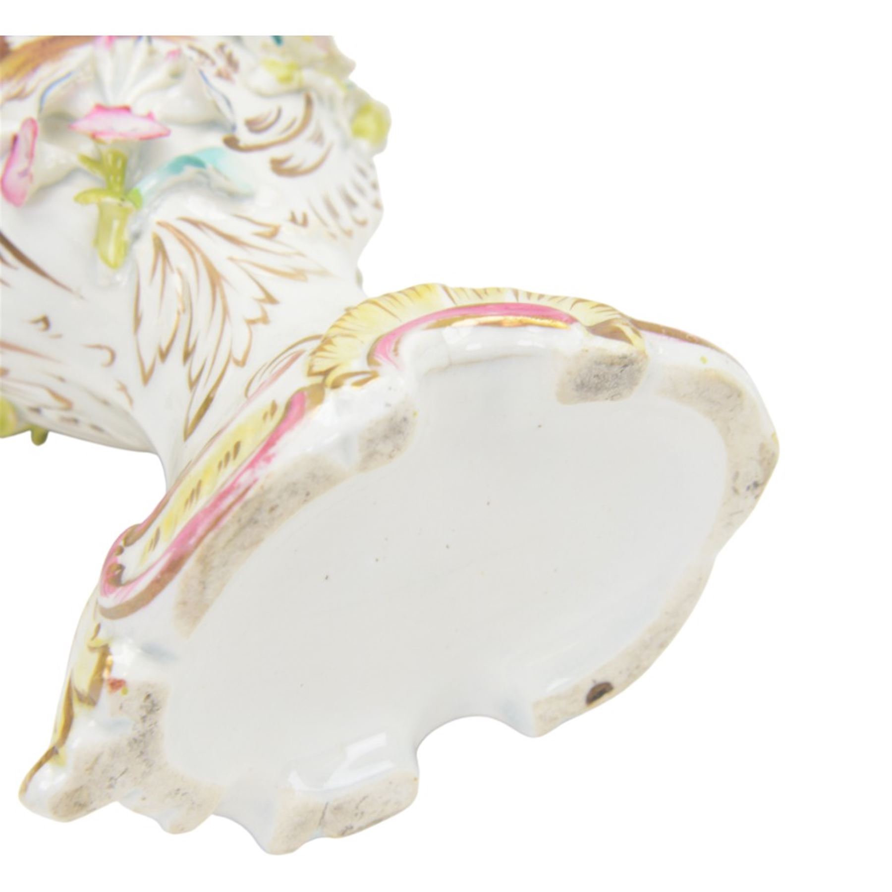 Near pair of Coalbrookdale style vases, of urnular twin handled form, painted with landscape scene and encrusted with blossoming flowers, tallest H29.5cm, together with a smaller Coalbrookdale style twin handled vase profusely encrusted with blossoming flowers, H22cm