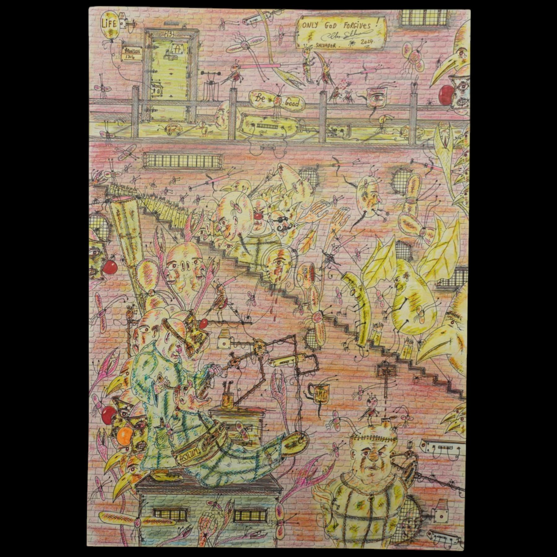 Charles Bronson (Charles Arthur Salvador) (British 1952-): A comprehensive collection of five hundred mixed media works executed between 2000 and 2025. Produced during the artist’s long-term incarceration, the works are primarily in ink, coloured pencil and mixed media on paper. The collection includes multiple formats: A5 (15 works), A4 (308 works), A3 (164 works) and A2 (13 works). Some are signed and dated; a number are executed on the reverse of official prison documents and other repurposed materials, reflecting the limited availability of art materials within the prison environment. This collection represents the largest body of the artist’s work to be offered as a single lot and has not previously been available on the market. (500) (unframed)

Notes: Dated examples span the period from 2000 to 2025, with the greatest concentration produced between 2012 and 2019 and including a group of recent large-scale works from the final years of the period; approximately twenty percent are undated.