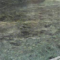 Contemporary circular green marble bistro table, raised on a black metal tubular base with decorative slatted collar, with two coordinating metal and wood slatted chairs