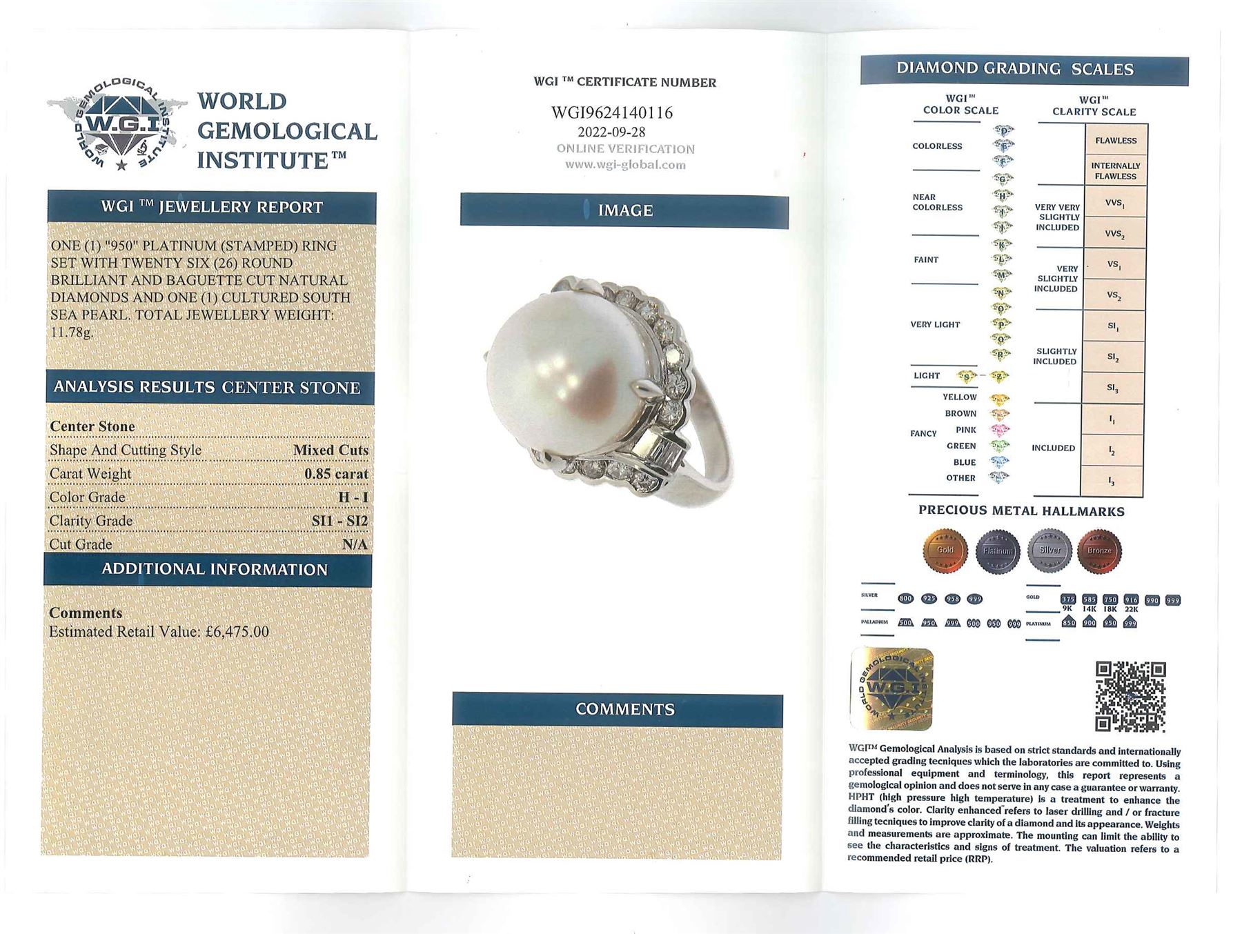 Platinum large south sea pearl ring, with baguette and round brilliant cut diamond surround, stamped Pt900, with World Gemological Institute report