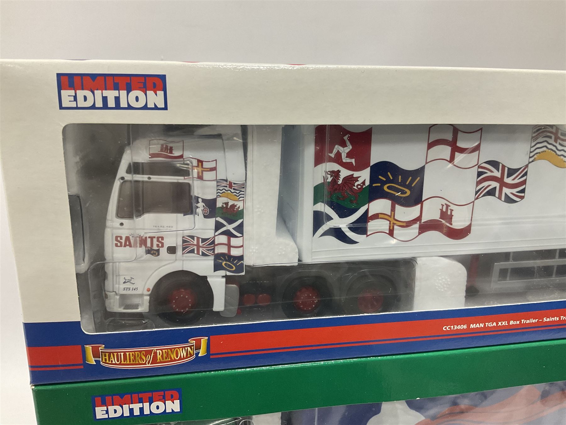 Corgi - three 'Hauliers of Renown' limited edition 1:50 scale heavy haulage vehicles comprising CC13803 Mercedes-Benz Actros Curtainside Robert Summers Transport Limited; and CC13406 MAN TGA XXL Box Trailer Saints Transport; all boxed (3)