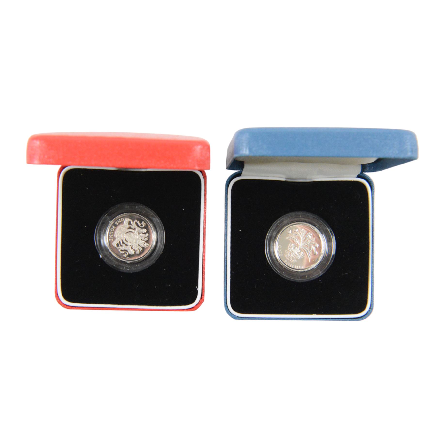 Sixteen The Royal Mint United Kingdom silver proof one pound coins, comprising 1983 (2), 1983 piedfort, 1984 piedfort, 1985 piedfort, 1986 piedfort, 1987 piedfort, 1988 (2), 1988 piedfort, 1989 (2), 1989 piedfort, 1990, 1991, and 1993 piedfort, cased with certificates