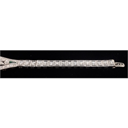  Art Deco style white gold diamond and emerald bracelet tested 18ct  