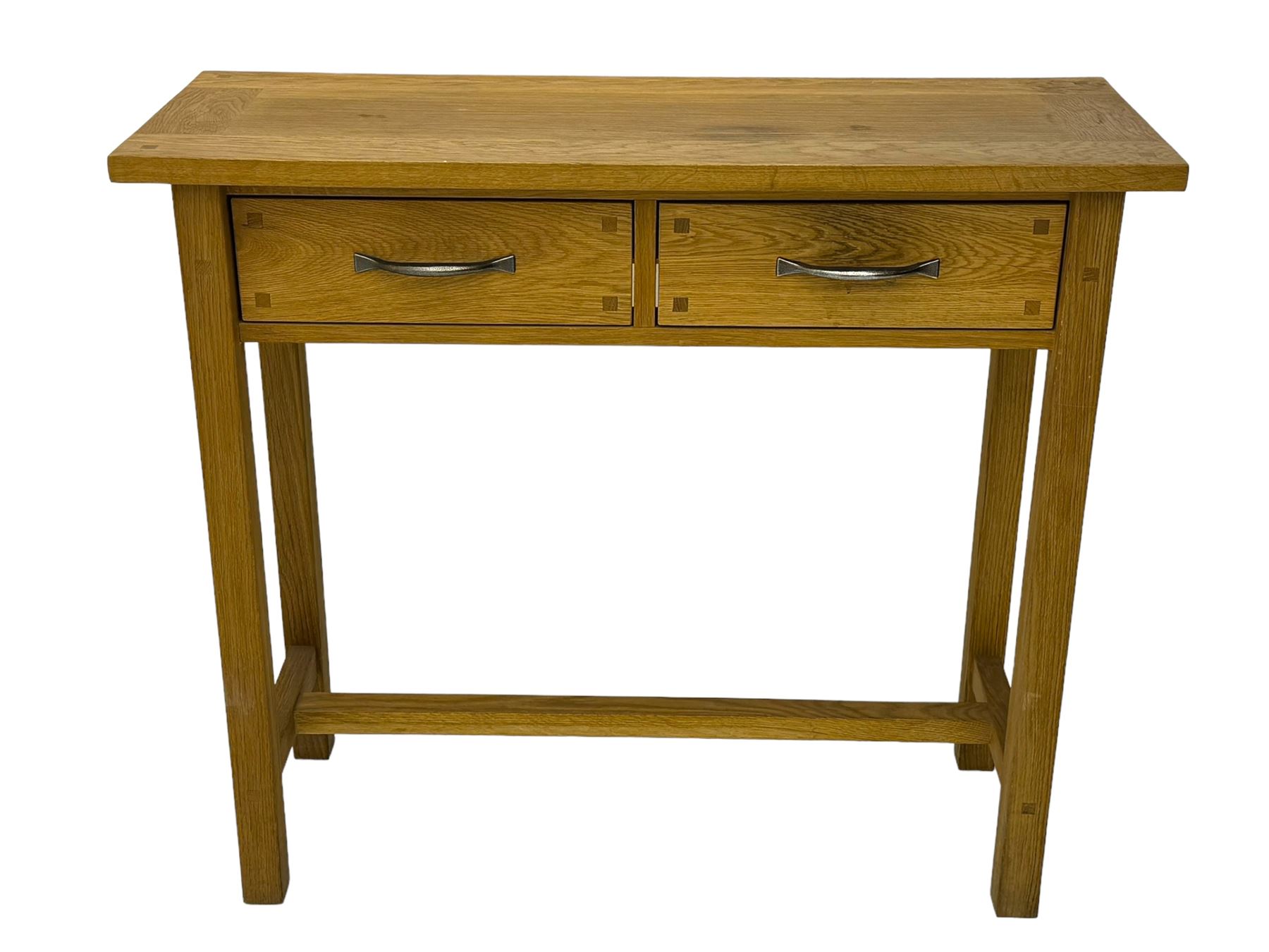 Laura Ashley - contemporary Milton oak console table, rectangular top over two drawers with pewter effect bow handles, on square legs supported by stretcher 